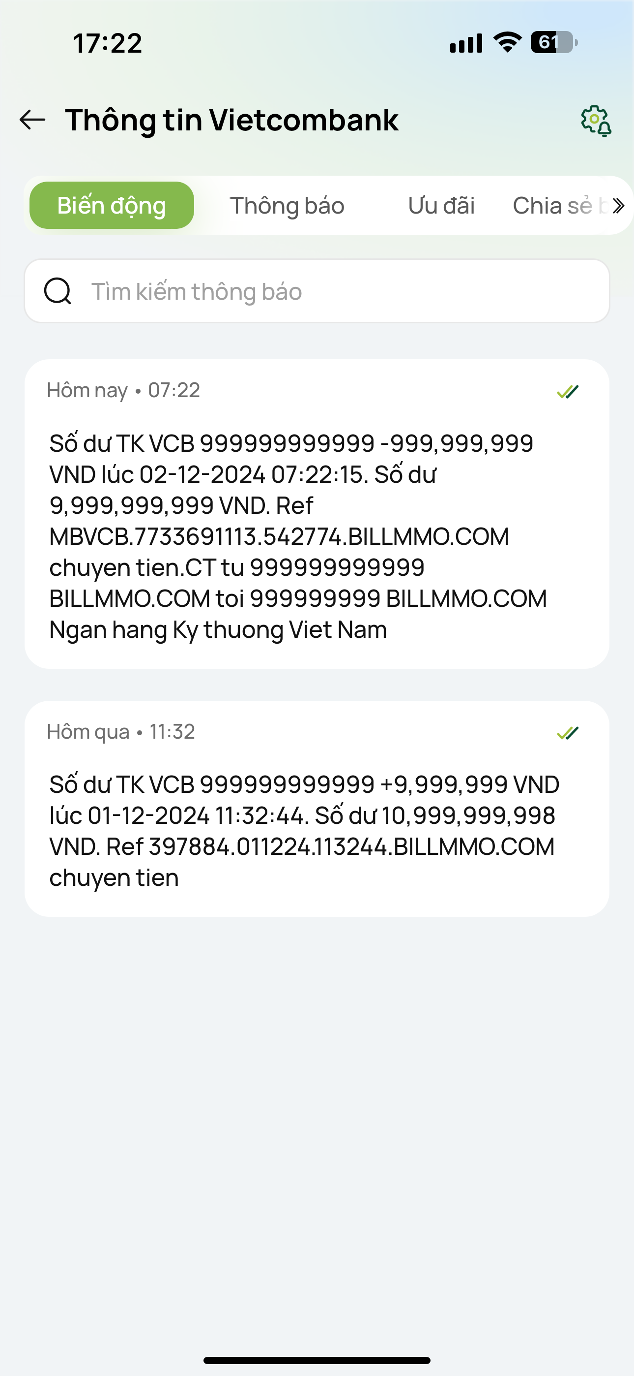 Fake bill biến động số dư Vietcombank realtime